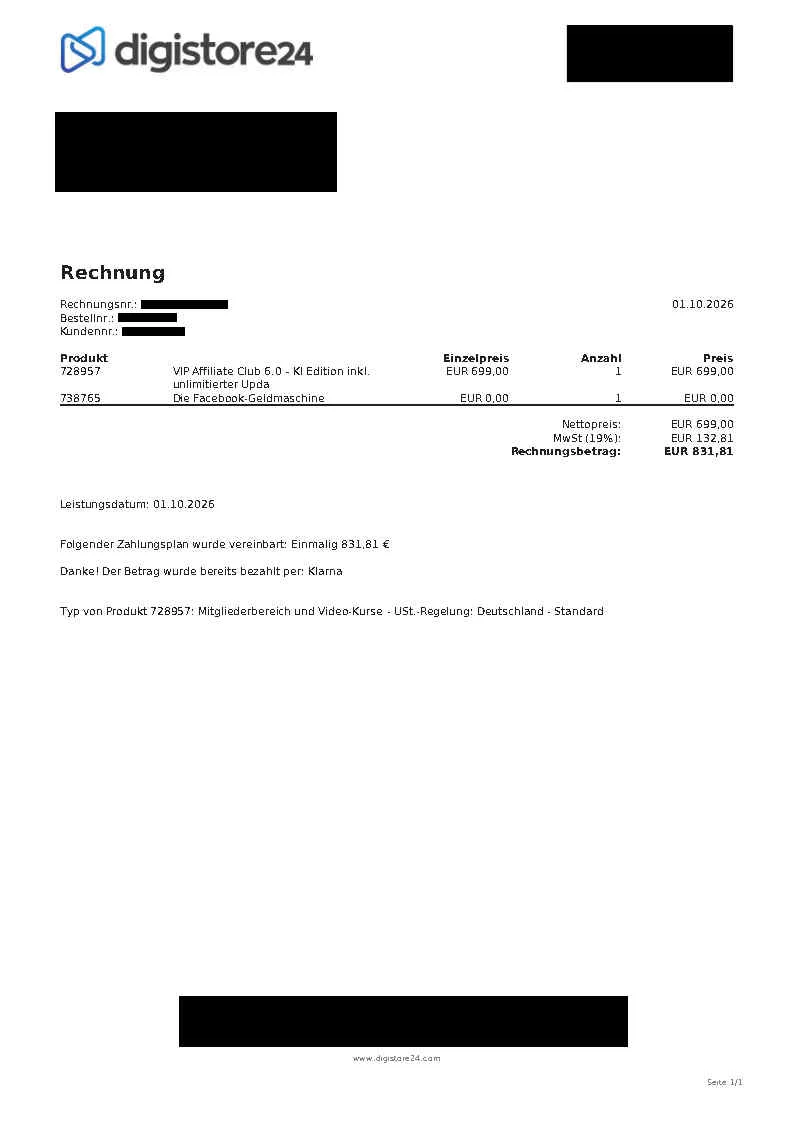 Rechnung vom 1.10.2026, Name, Adresse und Bestellnummer geschwärzt